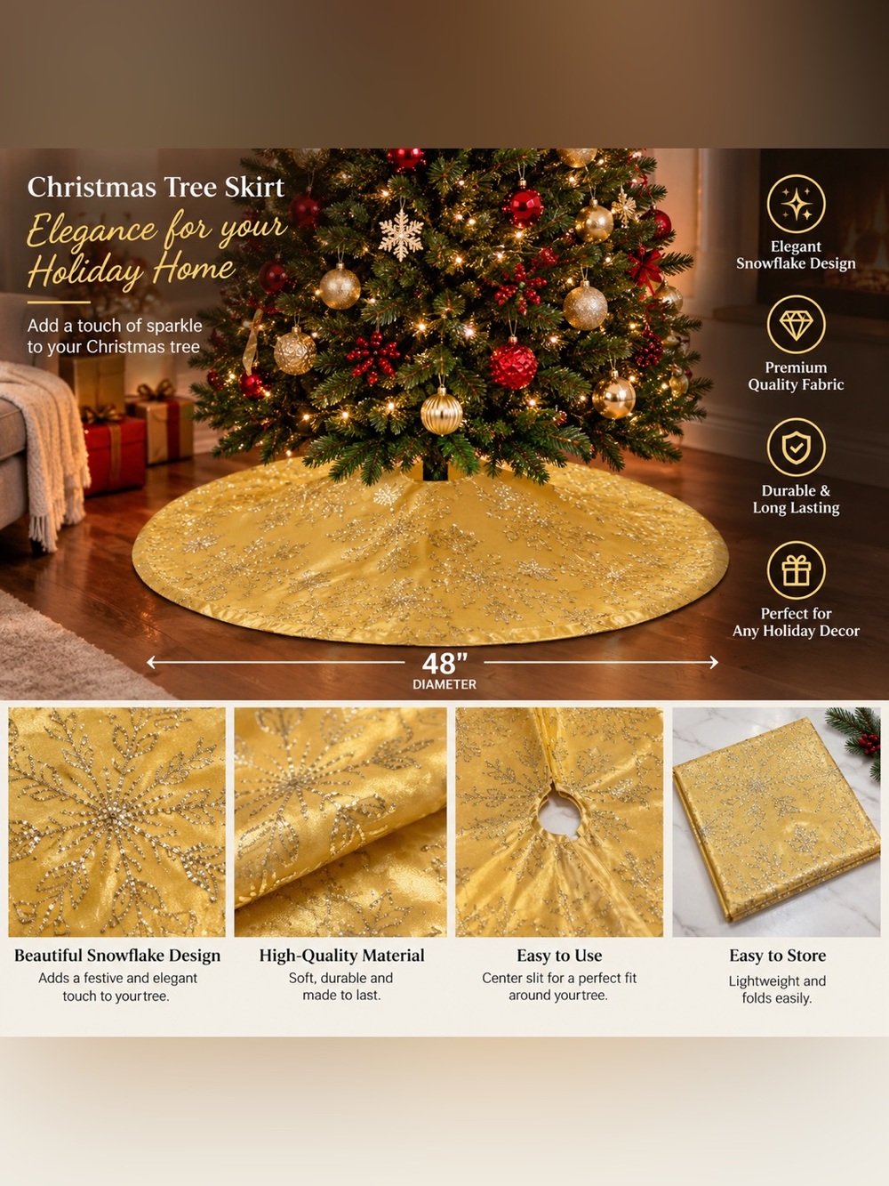 Christmas Tree Skirt 48 in Round Gold Snowflake Pattern Durable Easy Store